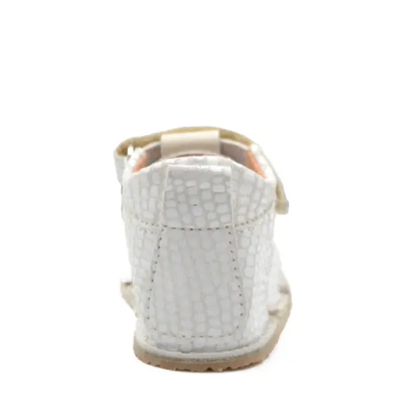Sandale copii, barefoot, primii pasi, piele naturala, talpa flexibila, inchidere cu scai, crem imprimeu_RO-103-2-24_Pebebe