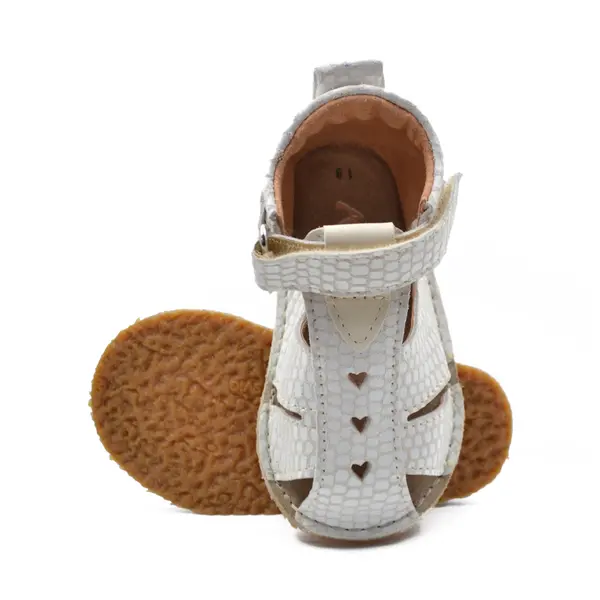 Sandale copii, barefoot, primii pasi, piele naturala, talpa flexibila, inchidere cu scai, crem imprimeu_RO-103-2-24_Pebebe