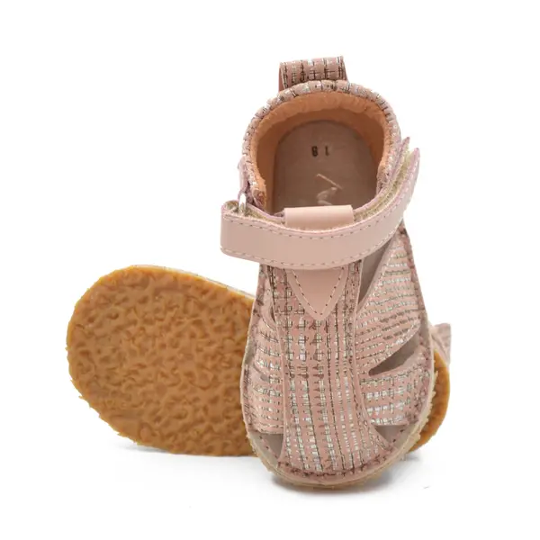 Sandale copii, primii pasi, piele naturala, talpa flexibila si inchidere cu scai, roz pudra cu imprimeu_RO-103-7-24_Pebebe