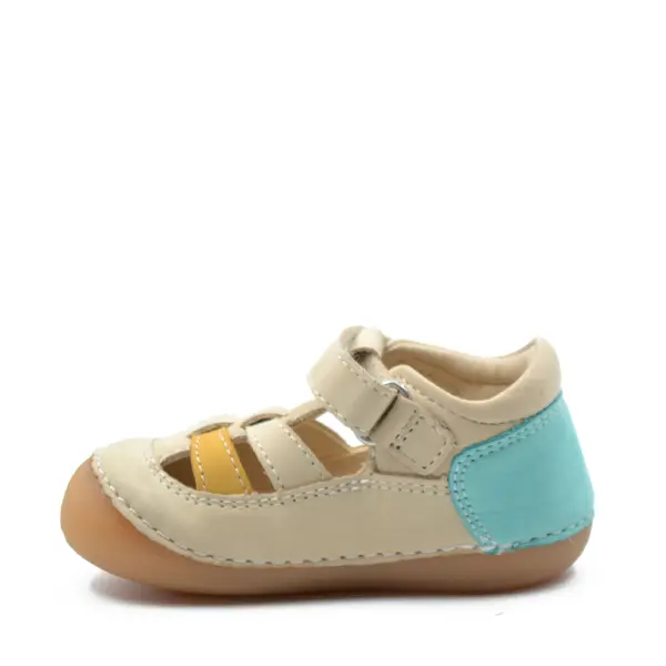 Sandale Sushy, piele naturala, talpa flexibila, bej albastru, Kickers_611086-10-111-18_Pebebe
