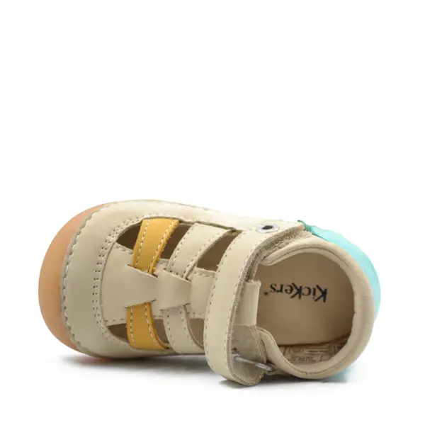 Sandale Sushy, piele naturala, talpa flexibila, bej albastru, Kickers_611086-10-111-18_Pebebe
