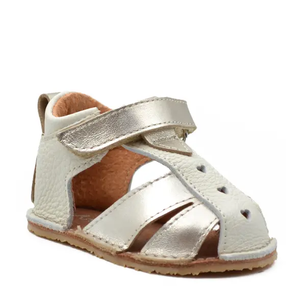 Sandale copii, barefoot, primii pasi, piele naturala, talpa flexibila, inchidere cu scai, crem auriu_RO-100-12-24_Pebebe
