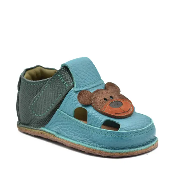 Sandale primi pasi cu scai, talpă flexibilă de cauciuc, perforatii  laterale, urs, verde turcoaz_RO-20-7-24_Pebebe
