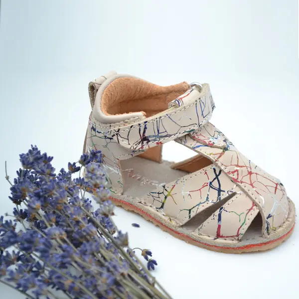 Sandale copii, barefoot, primii pasi, piele naturala, talpa flexibila, inchidere cu scai, bej pictat_RO-103-12-24_Pebebe