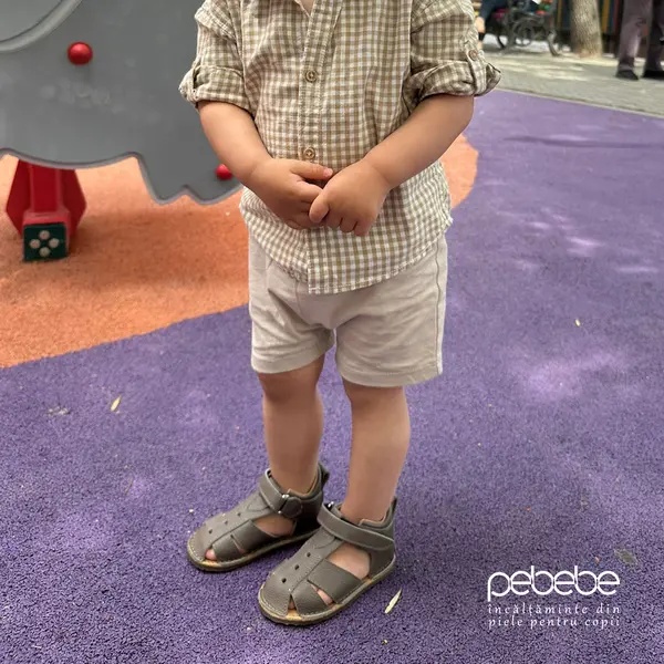 Sandale copii, barefoot, primii pasi, piele naturala, talpa flexibila, inchidere cu scai, khaki_RO-200-9-22_Pebebe