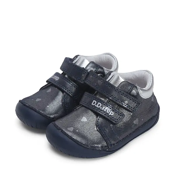 Pantofi copii, piele naturala, barefoot, bleumarin sidef, inimioare, D.D.Step_S070-42189-20_Pebebe