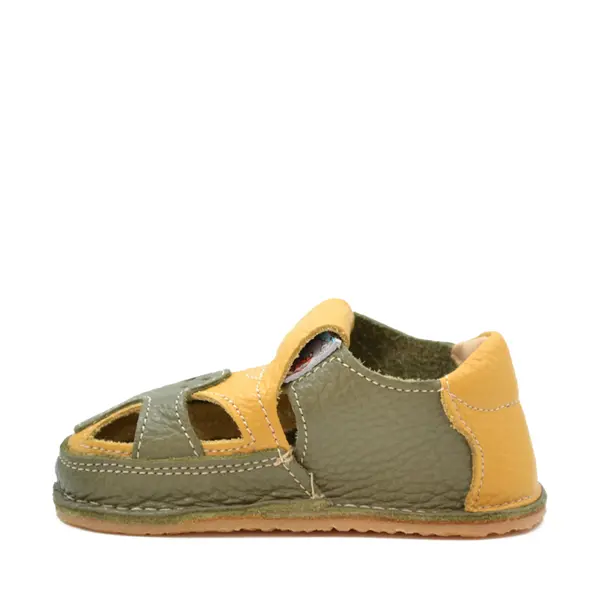 Sandale barefoot, primii pasi, piele naturala, talpa flexibila, verde uscat, galben, Kane_Ari-100-9-17_Pebebe