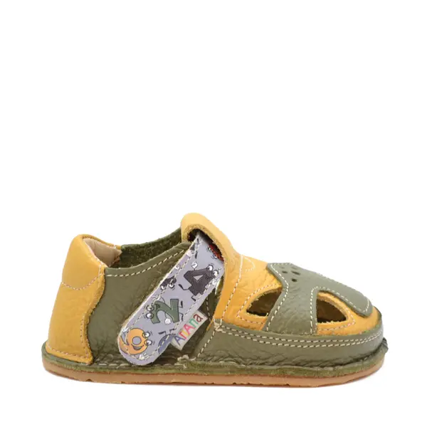 Sandale barefoot, primii pasi, piele naturala, talpa flexibila, verde uscat, galben, Kane_Ari-100-9-16_Pebebe