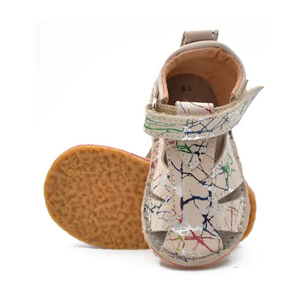 Sandale copii, barefoot, primii pasi, piele naturala, talpa flexibila, inchidere cu scai, bej pictat_RO-103-12-22_Pebebe