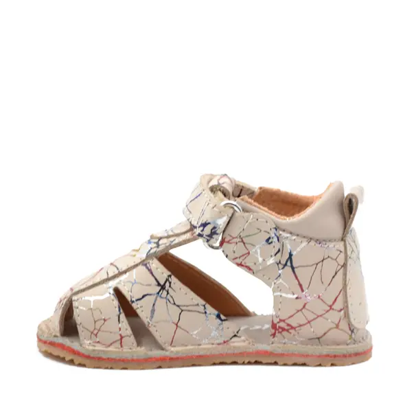 Sandale copii, barefoot, primii pasi, piele naturala, talpa flexibila, inchidere cu scai, bej pictat_RO-103-12-22_Pebebe