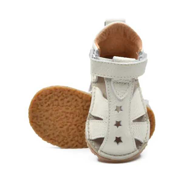 Sandale copii, barefoot, primii pasi, piele naturala, talpa flexibila, inchidere cu scai, crem_RO-100-3-22_Pebebe