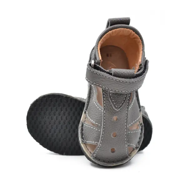 Sandale copii, barefoot, primii pasi, piele naturala, talpa flexibila, inchidere cu scai, gri_RO-100-8-17_Pebebe