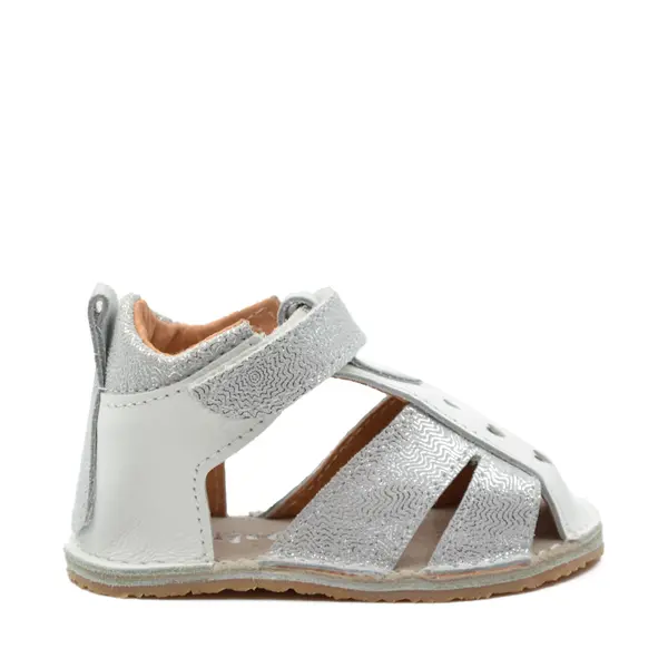 Sandale copii, barefoot, primii pasi, piele naturala, talpa flexibila, inchidere cu scai, alb argintiu_RO-100-6-22_Pebebe