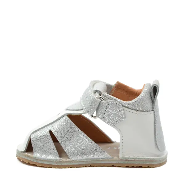 Sandale copii, barefoot, primii pasi, piele naturala, talpa flexibila, inchidere cu scai, alb argintiu_RO-100-6-22_Pebebe