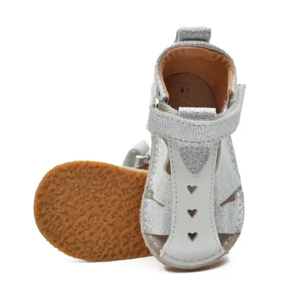 Sandale copii, barefoot, primii pasi, piele naturala, talpa flexibila, inchidere cu scai, alb argintiu_RO-100-6-22_Pebebe