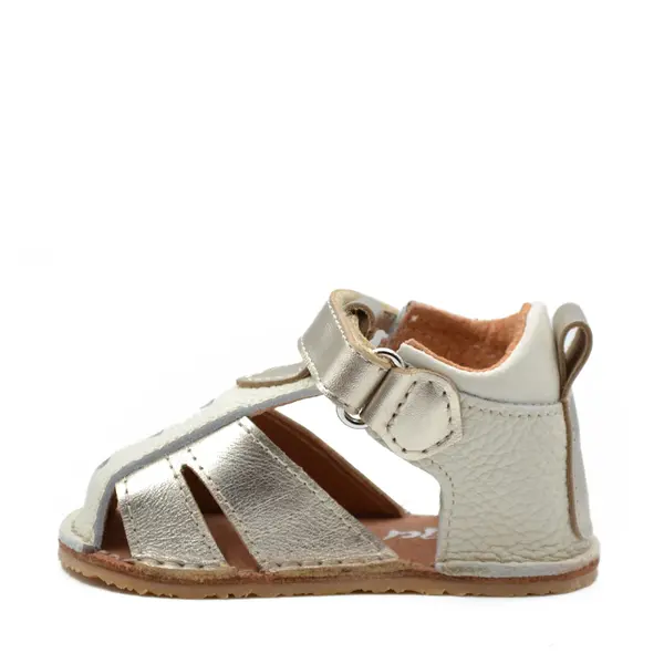 Sandale copii, barefoot, primii pasi, piele naturala, talpa flexibila, inchidere cu scai, crem auriu_RO-100-12-24_Pebebe