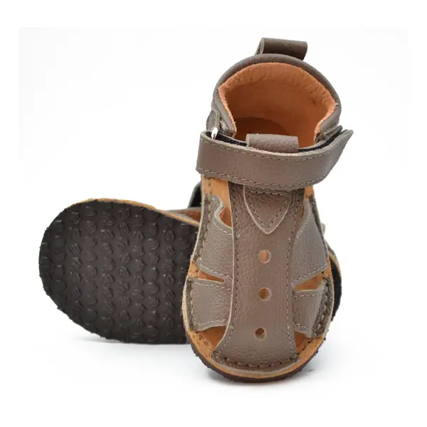 Sandale copii, barefoot, primii pasi, piele naturala, talpa flexibila, inchidere cu scai, khaki_RO-200-9-22_Pebebe