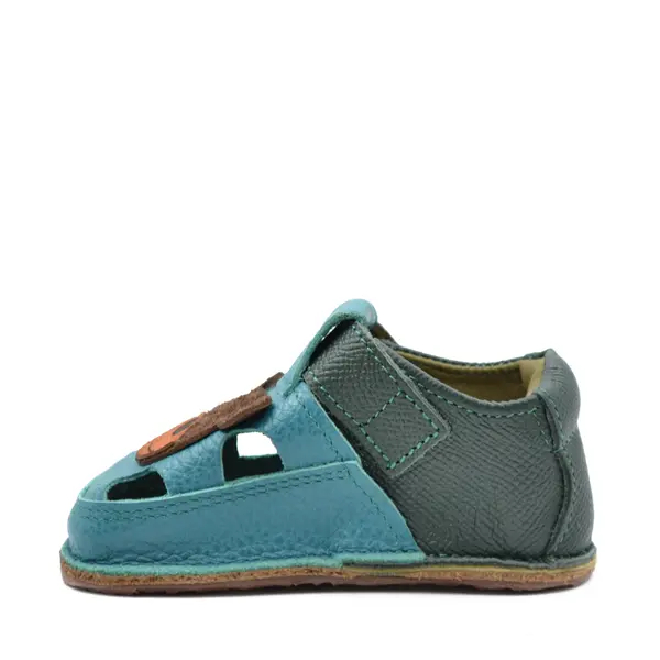 Sandale primi pasi cu scai, talpă flexibilă de cauciuc, perforatii  laterale, urs, verde turcoaz_RO-20-7-24_Pebebe