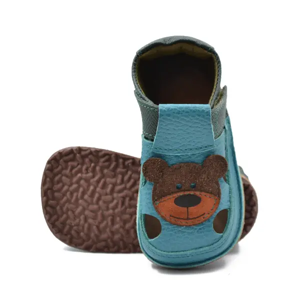 Sandale primi pasi cu scai, talpă flexibilă de cauciuc, perforatii  laterale, urs, verde turcoaz_RO-20-7-24_Pebebe