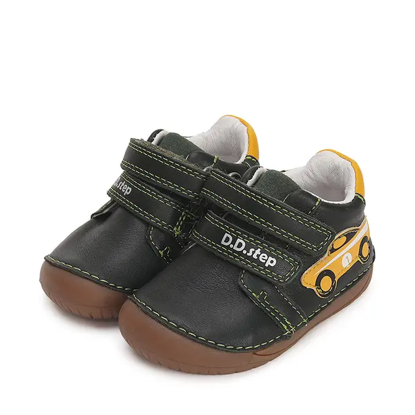 Pantofi baieti, piele naturala, barefoot, verde inchis, masinuta, D.D.Step_S070-42393A-20_Pebebe
