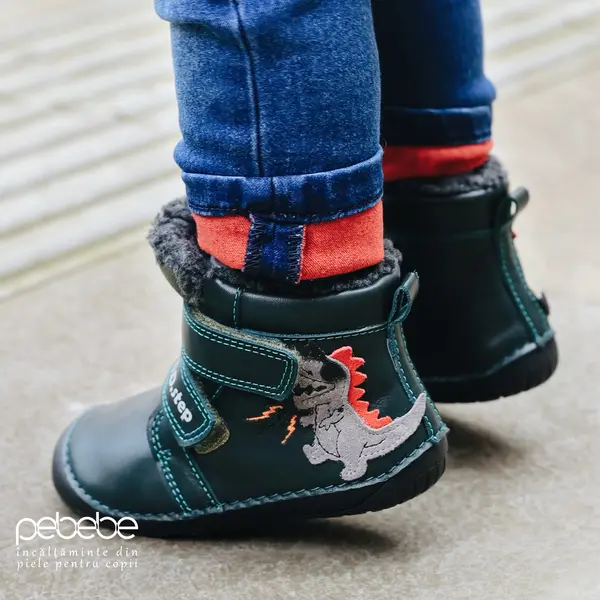 Ghete baieti barefoot, piele naturala, captusite, verde smarald, dinozaur, D.D.Step_W070-42838A-20_Pebebe