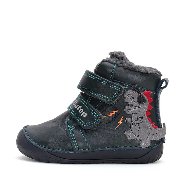 Ghete baieti barefoot, piele naturala, captusite, verde smarald, dinozaur, D.D.Step_W070-42838A-20_Pebebe