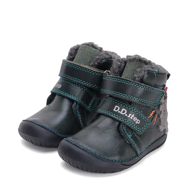 Ghete baieti barefoot, piele naturala, captusite, verde smarald, dinozaur, D.D.Step_W070-42838A-20_Pebebe