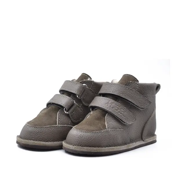 Ghete copii Barefoot, primii pasi, piele naturala, captuseala din blana, talpa felxibila, khaki, Stuy_RO-115-6-23_Pebebe