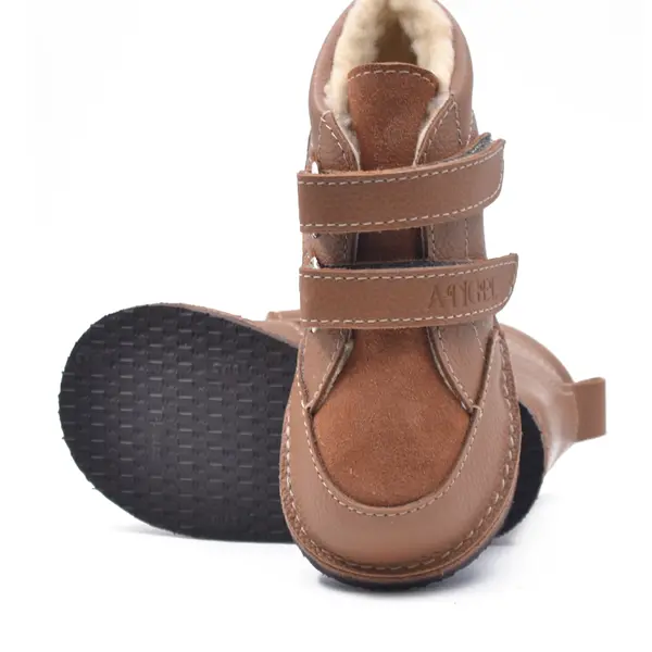 Ghete copii Barefoot, piele naturala, captuseala din blana, talpa felxibila, maro, Stuy_RO-115-9-24_Pebebe