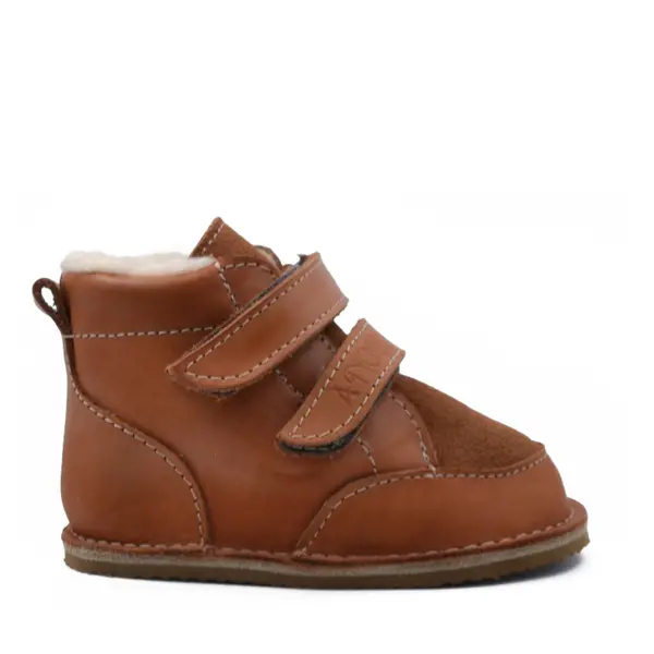 Ghete copii Barefoot, piele naturala, captuseala din blana, talpa felxibila, maro cognac, Stuy_RO-115-3-17_Pebebe