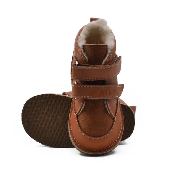 Ghete copii Barefoot, piele naturala, captuseala din blana, talpa felxibila, maro cognac, Stuy_RO-115-3-17_Pebebe