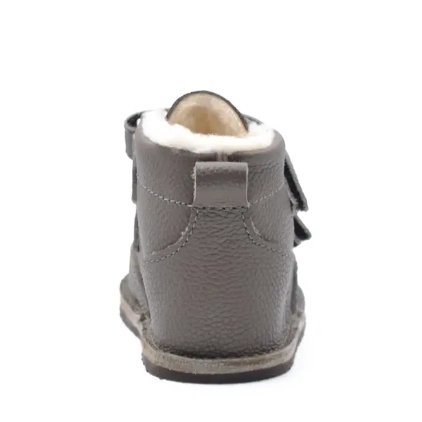 Ghete copii Barefoot, primii pasi, piele naturala, captuseala din blana, talpa felxibila, khaki, Stuy_RO-115-6-24_Pebebe