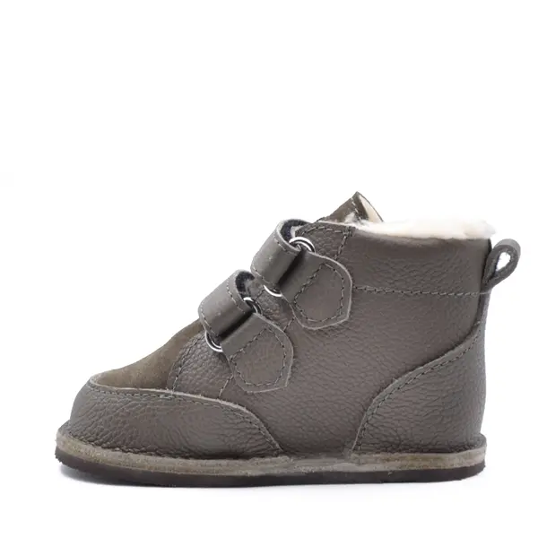 Ghete copii Barefoot, primii pasi, piele naturala, captuseala din blana, talpa felxibila, khaki, Stuy_RO-115-6-24_Pebebe