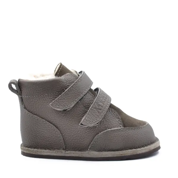 Ghete copii Barefoot, primii pasi, piele naturala, captuseala din blana, talpa felxibila, khaki, Stuy_RO-115-6-24_Pebebe