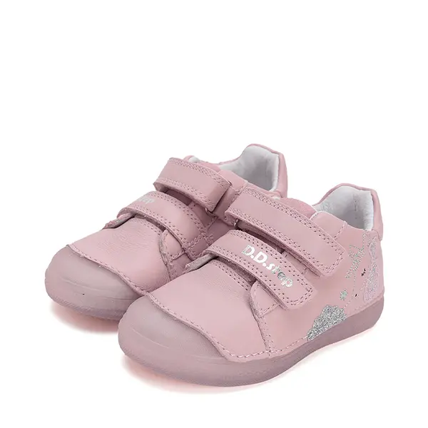 Pantofi fete, piele naturala, talpa Gelsole, roz, unicorn, D.D. Step_S049-51250AM-30_Pebebe