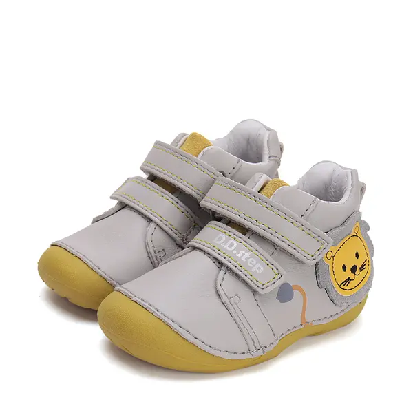 Pantofi primii pasi baieti, piele naturla, gri deschis, leu, D.D. Step_S015-51897A-21_Pebebe