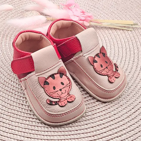 Pantofi barefoot copii, primii pasi, piele naturala, talpa flexibila, roz, pisica_RO-16-11-22_Pebebe