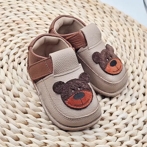 Pantofi primii pasi, barefoot, piele naturala, talpa flexibila, bej, ursulet_RO-16-13-18_Pebebe
