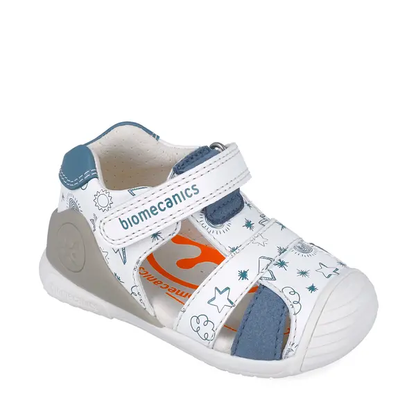 Sandale baieti, piele naturala, talpa flexibila, protectie degete, Biogateo Casual, alb albastru, Biomecanics_252116-B834-18_Pebebe