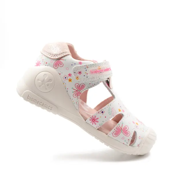 Sandale Biomecanics fete, piele naturala, talpa flexibila, protectie degete, Estampada, alb, Biomecanics_252101-B050-25_Pebebe