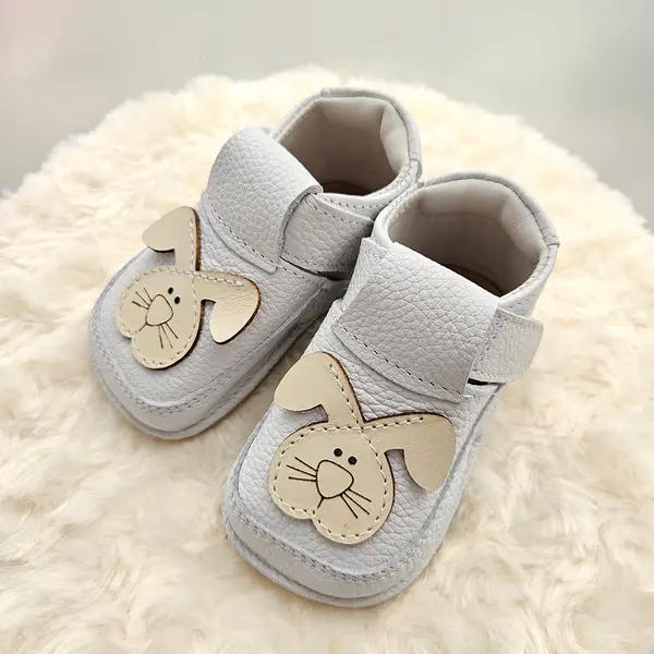 Pantofi barefoot copii, primii pasi, piele naturala, talpa flexibila, alb, model cu iepuras_RO-16-15-22_Pebebe