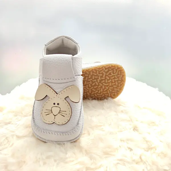 Pantofi barefoot copii, primii pasi, piele naturala, talpa flexibila, alb, model cu iepuras_RO-16-15-22_Pebebe