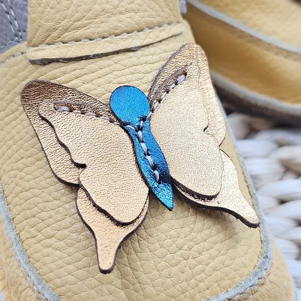 Pantofi barefoot copii, primii pasi, piele naturala, talpa flexibila, fluturas auriu_RO-16-8-18_Pebebe