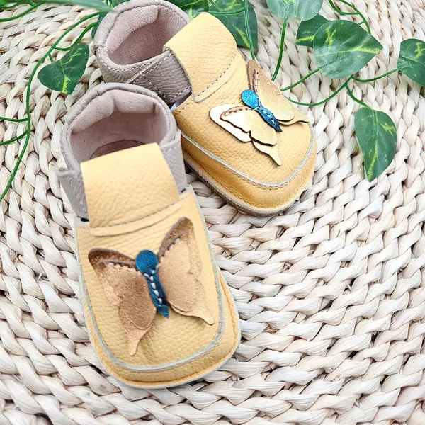 Pantofi barefoot copii, primii pasi, piele naturala, talpa flexibila, fluturas auriu_RO-16-8-18_Pebebe