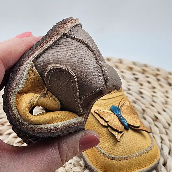 Pantofi barefoot copii, primii pasi, piele naturala, talpa flexibila, fluturas auriu_RO-16-8-18_Pebebe