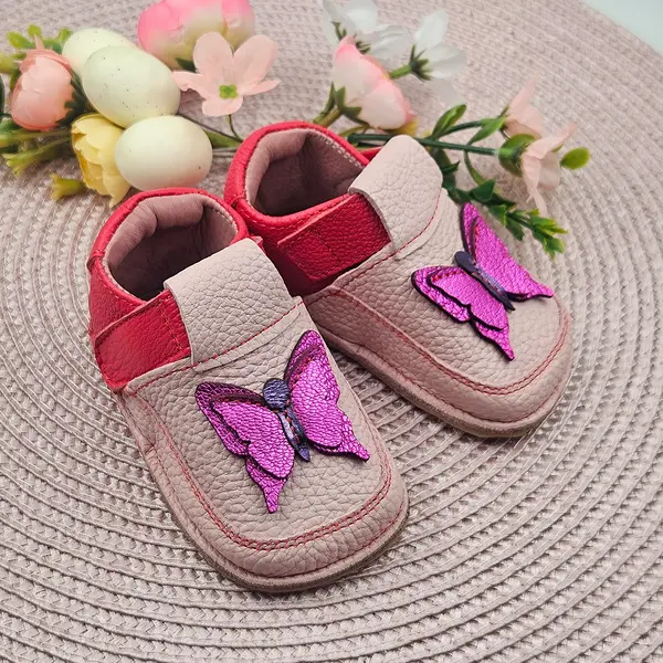 Pantofi barefoot pentru copii, piele naturala, primii pasi, talpa flexibila, roz model cu fluturas_RO-16-7-22_Pebebe