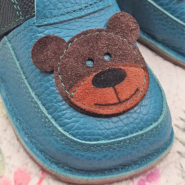 Pantofi primii pasi barefoot copii, piele naturala, talpa flexibila, turcoaz, ursulet_RO-16-10-18_Pebebe