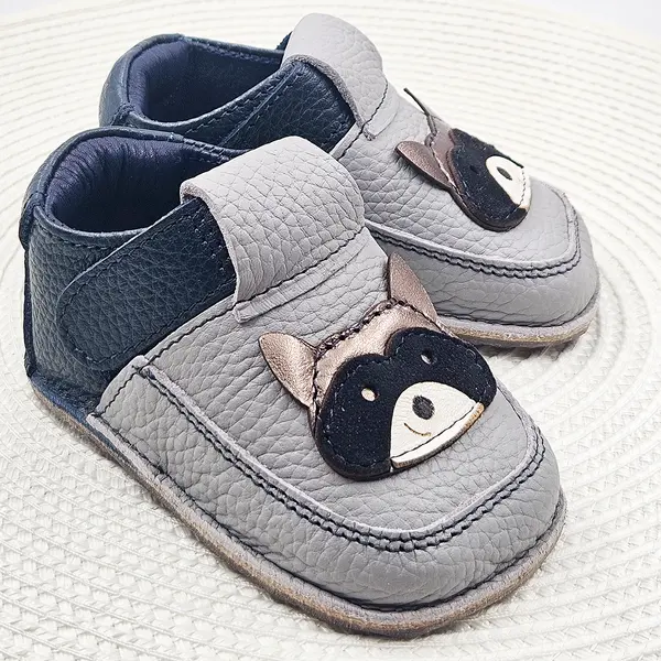 Pantofi primii pasi din piele naturala pentru copii, barefoot, talpa flexibila, model cu raton_RO-16-2-23_Pebebe