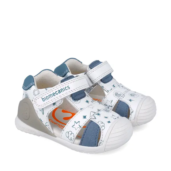 Sandale baieti, piele naturala, talpa flexibila, protectie degete, Biogateo Casual, alb albastru, Biomecanics_252116-B834-18_Pebebe
