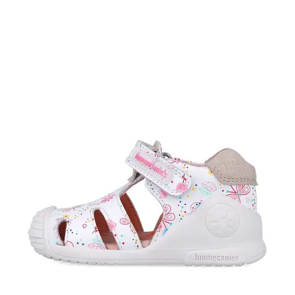Sandale Biomecanics fete, piele naturala, talpa flexibila, protectie degete, Estampada, alb, Biomecanics_252101-B050-25_Pebebe